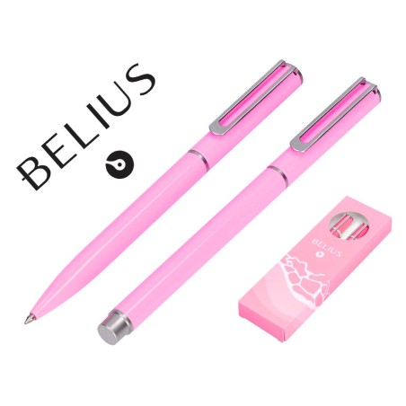JUEGO BOLIGRAFO Y ROLLER BELIUS ALUMINIO ENDLESS SUMMER COLOR ROSA Y PLATEADO TINTA AZUL CAJA DE DISEÑO