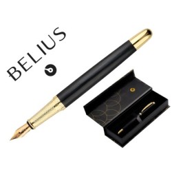 PLUMA BELIUS PASSION DOR ALUMINIO TEXTURA CEPILLADA COLOR NEGRO Y DORADO TINTA AZUL CAJA DE DISEÑO