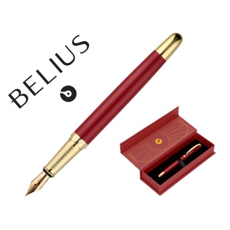 PLUMA BELIUS SOIREE ALUMINIO COLOR ART DECO GRANATE Y DORADO TINTA AZUL CAJA DE DISEÑO