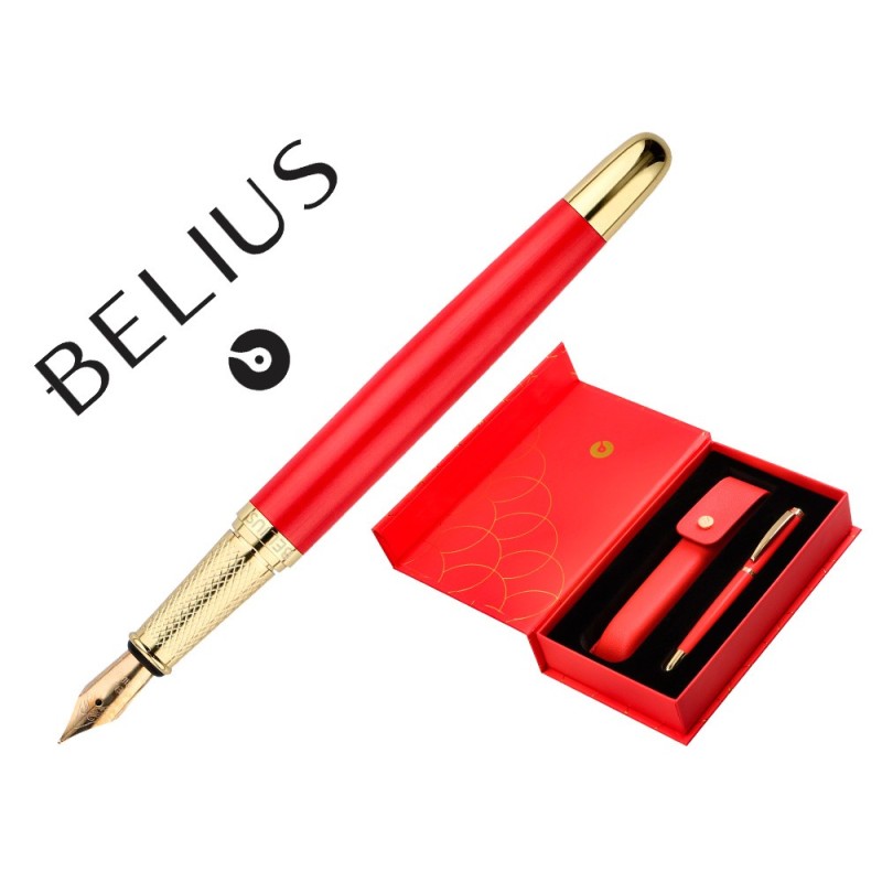 PLUMA Y ESTUCHE CUERO BELIUS PASSION DOR ALUMINIO TEXTURA CEPILLADA COLOR ROJO Y DORADO TINTA AZUL CAJA DE DISEÑO