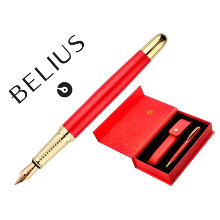 PLUMA Y ESTUCHE CUERO BELIUS PASSION DOR ALUMINIO TEXTURA CEPILLADA COLOR ROJO Y DORADO TINTA AZUL CAJA DE DISEÑO