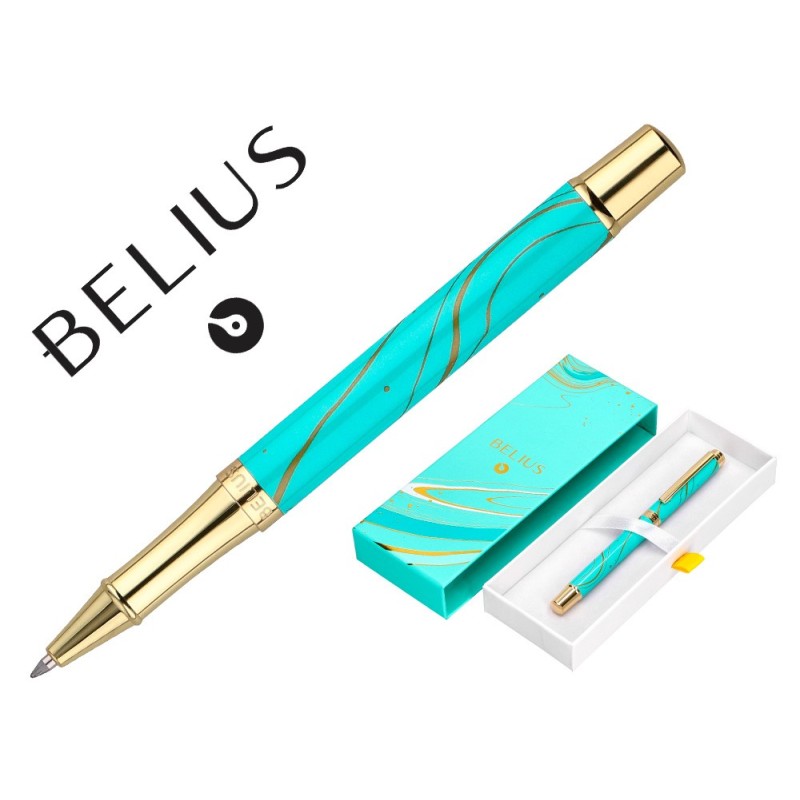ROLLER BELIUS AQUA ALUMINIO COLOR TURQUESA Y DORADO TINTA NEGRA CAJA DE DISEÑO