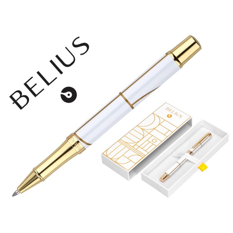 ROLLER BELIUS CARTE BLANCHE COLOR BLANCO Y DORADO TINTA NEGRA CAJA DE DISEÑO