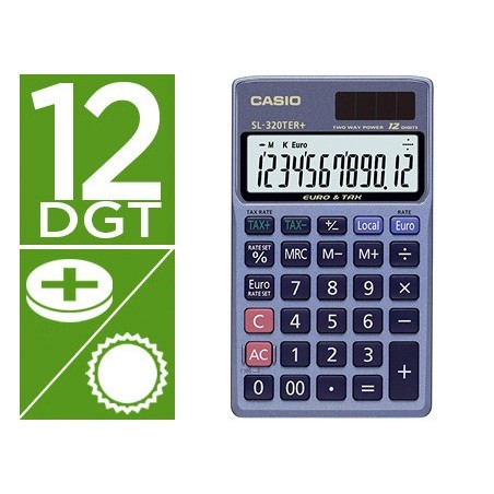 CALCULADORA CASIO SL-320TER BOLSILLO 12 DIGITOS TAX +/- CONVERSION MONEDA TECLA DOBLE CERO COLOR AZUL