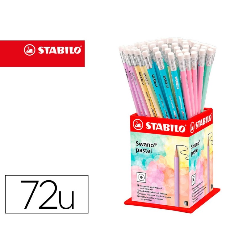 LAPICES DE GRAFITO CON GOMA STABILO SWANO MINA 2,2 MM DUREZA HB EXPOSITOR DE 72 UNIDADES COLORES PASTELES