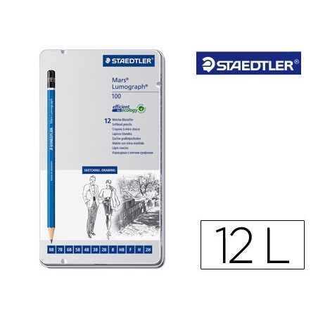 LAPICES DE GRAFITO STRAEDTLER MARS LUMOGRAPH 100 CAJA METALICA DE 12 LAPICES 8B- 7B-6B-5B-4B-3B-2B-B-HB-F-H-2H