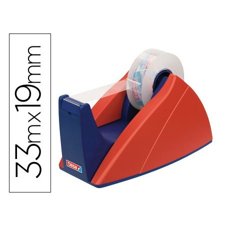 PORTARROLLO SOBREMESA TESA CON CUCHILLA DE CORTE RECTO PARA CINTAS DE 33 M COLOR AZUL/ROJO