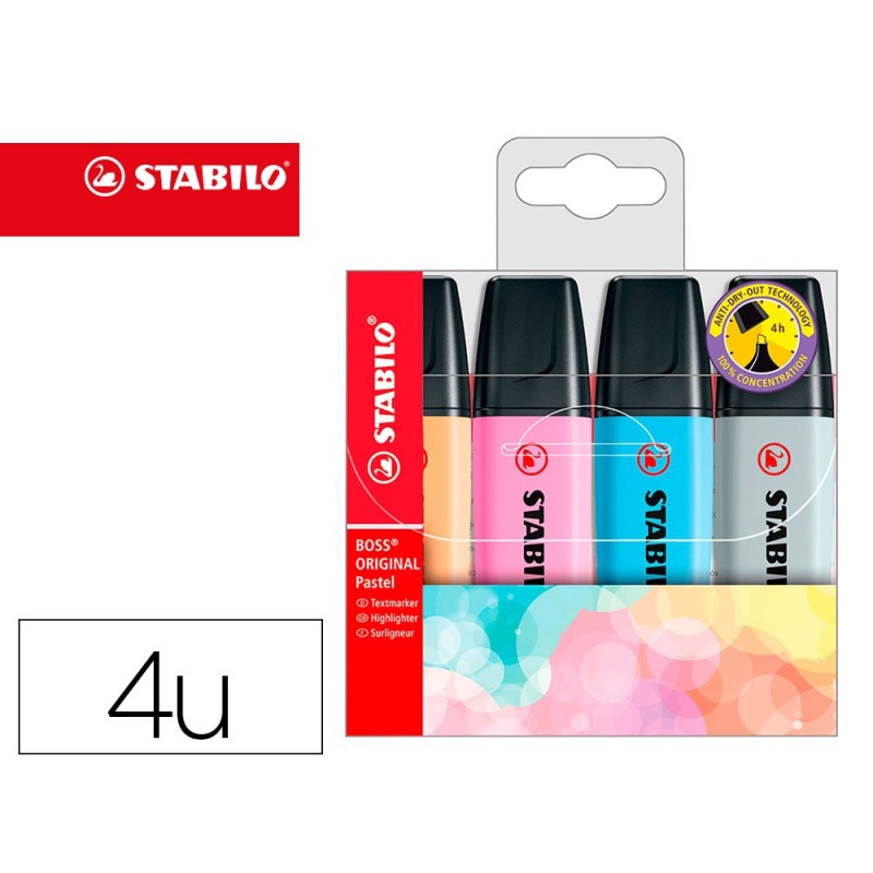 ROTULADOR STABILO BOSS FLUORESCENTE 70 PASTEL ESTUCHE DE 4 UNIDADES COLORES SURTIDOS