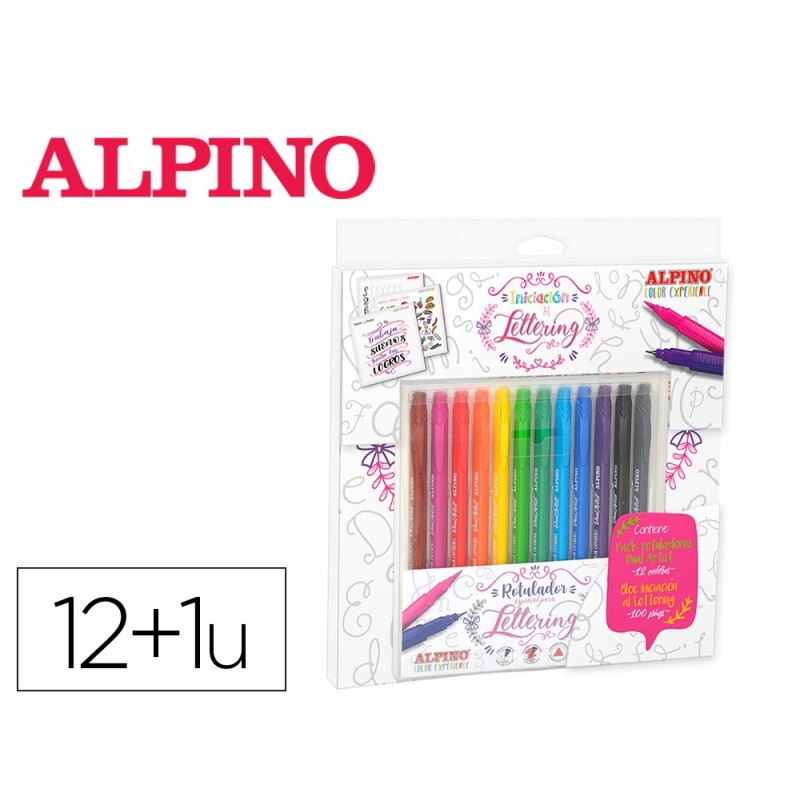 SET DE DIBUJO ALPINO INICIACION AL LETTERING 12 ROTULADORES PUNTA FINA Y PUNTA PINCEL COLORES SURTIDOS