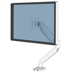 Soporte ergonómico para monitor Fellowes Platinum Series con gestión de cables y ajuste de altura para escritorio de oficina.