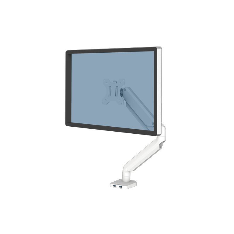 Soporte ergonómico para monitor Fellowes Platinum Series con gestión de cables y ajuste de altura para escritorio de oficina.