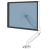Soporte ergonómico para monitor Fellowes Platinum Series con gestión de cables y ajuste de altura para escritorio de oficina.