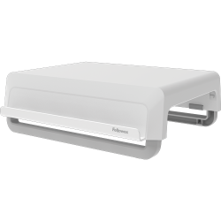 Soporte ergonómico para monitor Fellowes Breyta™ que libera espacio en el escritorio en color blanco.
