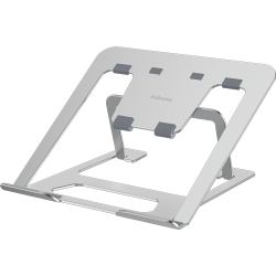 Soporte para portátil Fellowes Alumia ajustable con seis alturas para mejorar la ergonomía del escritorio, color plata.