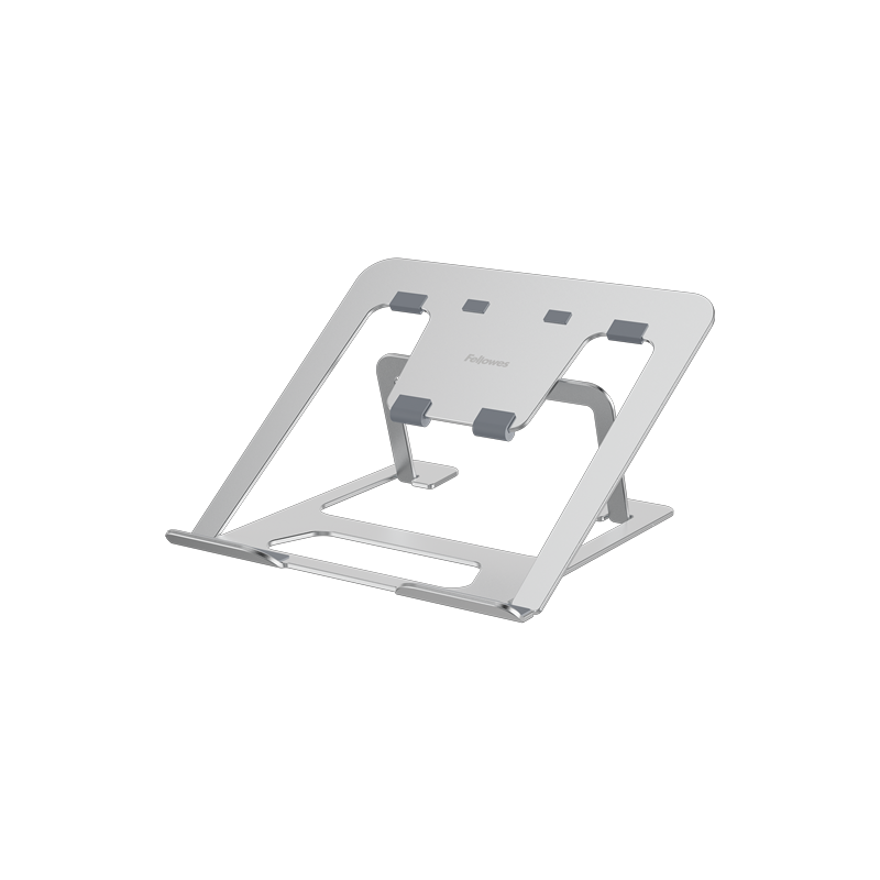Soporte para portátil Fellowes Alumia ajustable con seis alturas para mejorar la ergonomía del escritorio, color plata.
