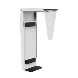 Soporte cpu bajo escritorio para mini pc o thin client de oficina color plata.