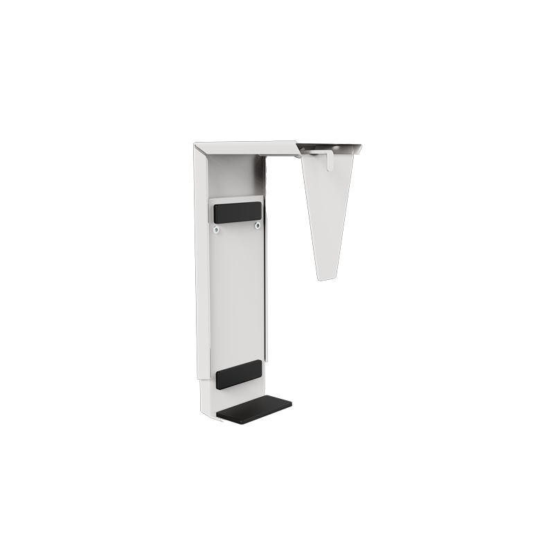 Soporte cpu bajo escritorio para mini pc o thin client de oficina color plata.