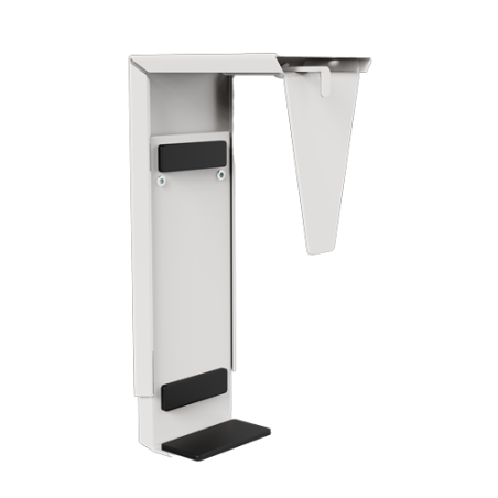 Soporte cpu bajo escritorio para mini pc o thin client de oficina color plata.