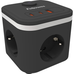 Multienchufe de escritorio Fellowes Power Cube con puertos USB-C y enchufes laterales.