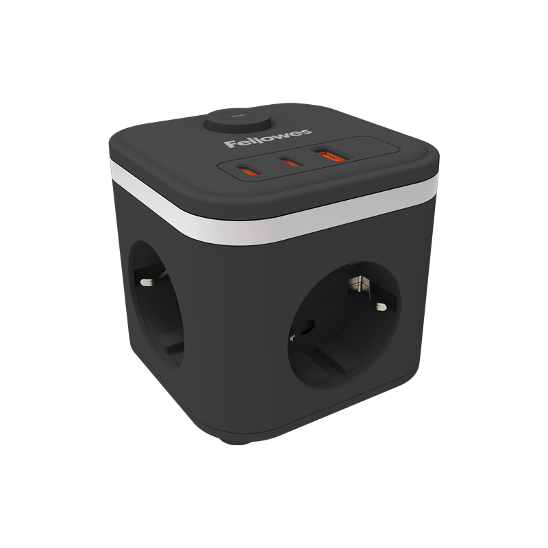 Multienchufe de escritorio Fellowes Power Cube con puertos USB-C y enchufes laterales.