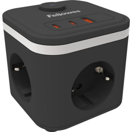 Multienchufe de escritorio Fellowes Power Cube con puertos USB-C y enchufes laterales.