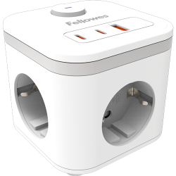 Regleta cúbica Fellowes Power Cube para escritorio con enchufes y cargadores USB integrados en color blanco.