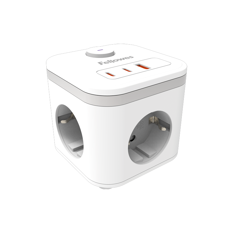 Regleta cúbica Fellowes Power Cube para escritorio con enchufes y cargadores USB integrados en color blanco.