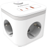 Regleta cúbica Fellowes Power Cube para escritorio con enchufes y cargadores USB integrados en color blanco.