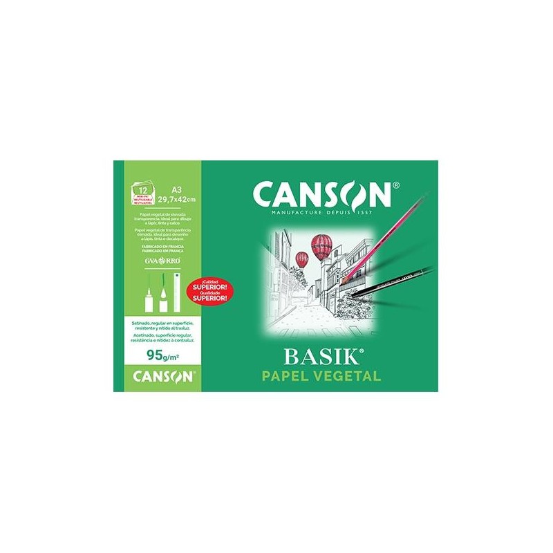 Papel vegetal Canson Basik - A3 - 90 g - Pack 12 hojas Papel vegetal Canson Basik - A3 - 90 g - Pack 12 hojas