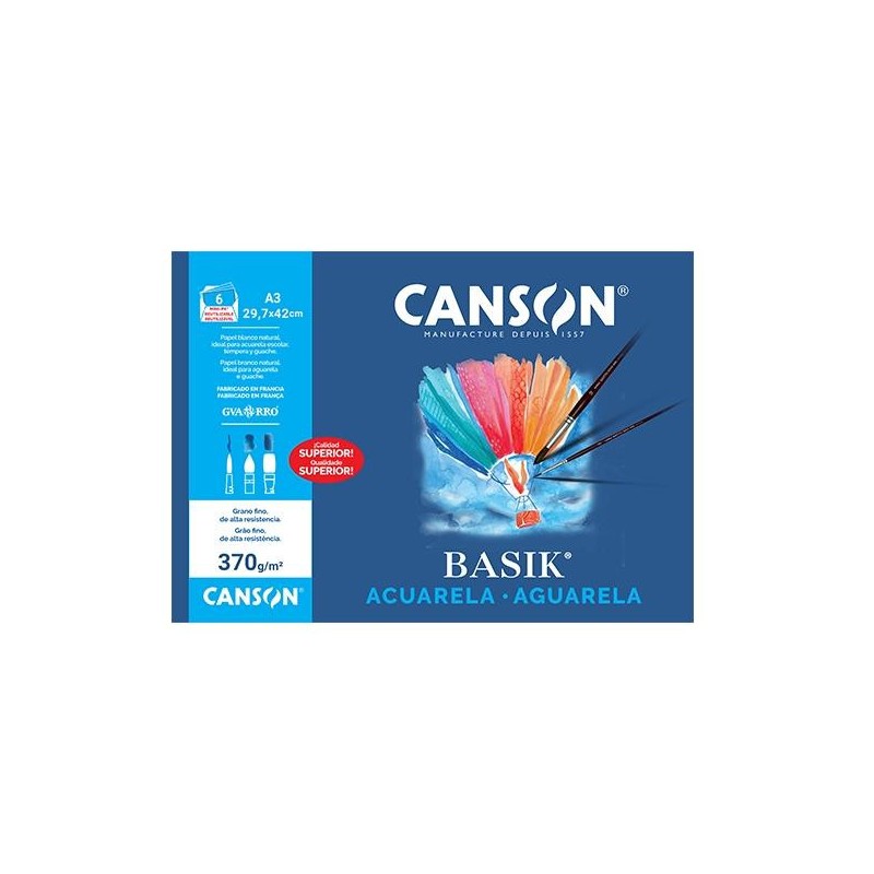 Papel acuarela y témpera Canson Basik - - A3 - 370 g - Pack 6 hojas
