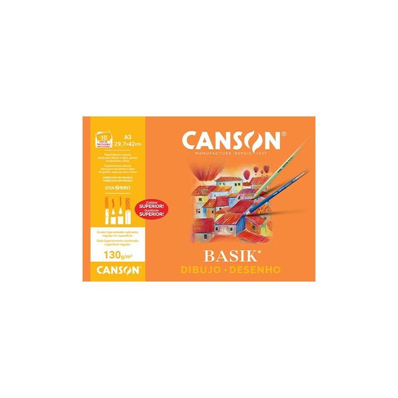 Papel de dibujo Canson Basik - Microperforado - A3 - 130 g - Pack 10 hojas