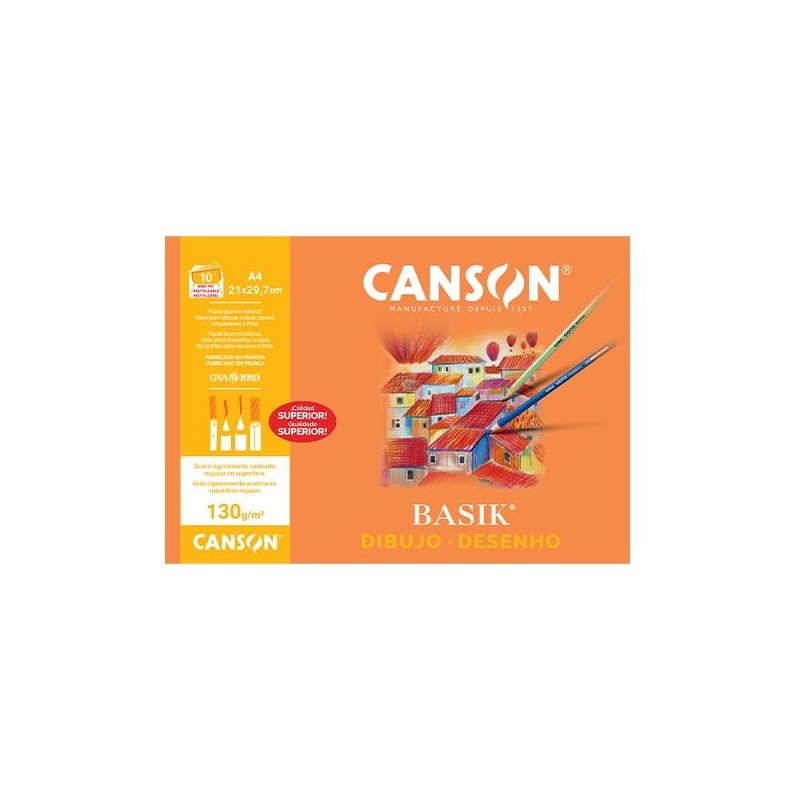 Papel de dibujo Canson Basik - Microperforado - A4 - 130 g - Pack 10 hojas