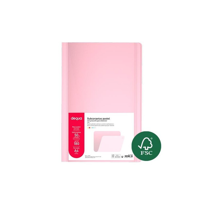 Subcarpeta Dequa - A4 - 180 g - Color rosa pastel (PACK INDIVISIBLE DE 50 UNIDADES)