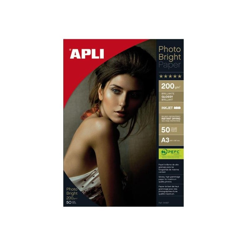 Papel fotográfico brillante Apli Bright - A3 - 200 g - Inkjet - Pack 50 hojas