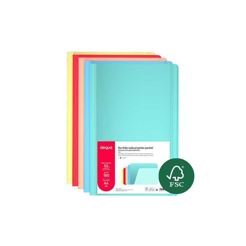 Subcarpeta Dequa - A4 - 180 g - Colores surtidos pastel - Pack 50 ud Subcarpeta Dequa - A4 - 180 g - Colores surtidos pastel - Pack 50 ud