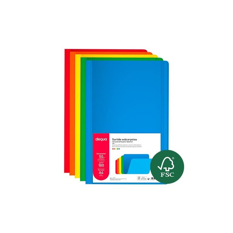 Subcarpeta Dequa - A4 - 180 g - Colores surtidos vivos - Pack 50 ud Subcarpeta Dequa - A4 - 180 g - Colores surtidos vivos - Pack 50 ud