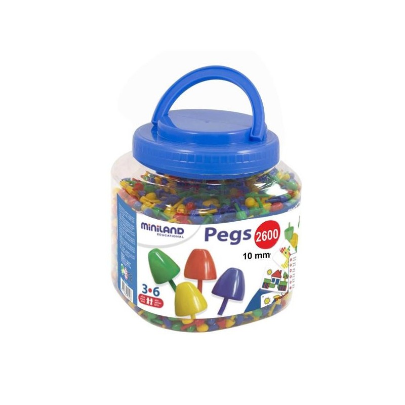 Pegs mosaico Miniland - 10 mm - + 3 años - Colores surtidos - Bote 2600 ud
