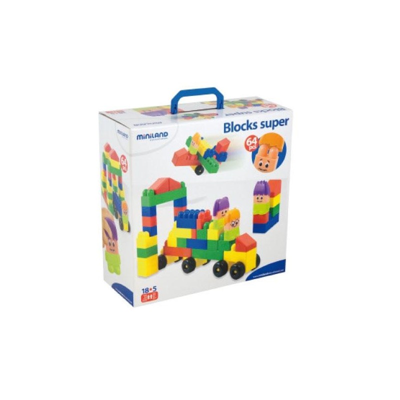 Maleta Super Blocks Miniland - + 18 meses - Colores surtidos - Caja 64 piezas con personajes