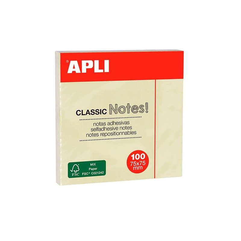 Notas adhesivas Apli Classic - 100 hojas - 75 x 75 mm - Color amarillo