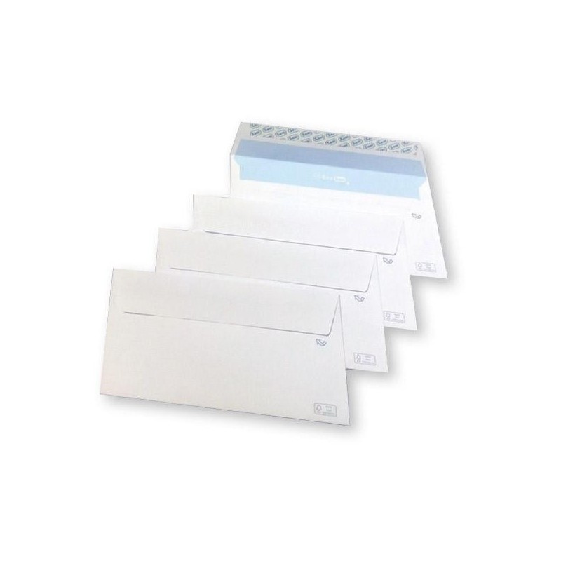 Sobres ecológicos Sam - 110 x 220 mm - 105 g - Tira de silicona - Color blanco - Caja 500 sobres
