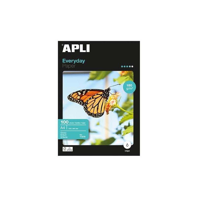 Papel fotográfico brillante Apli Everyday - A4 - 180g - Inkjet - Pack 100 hojas