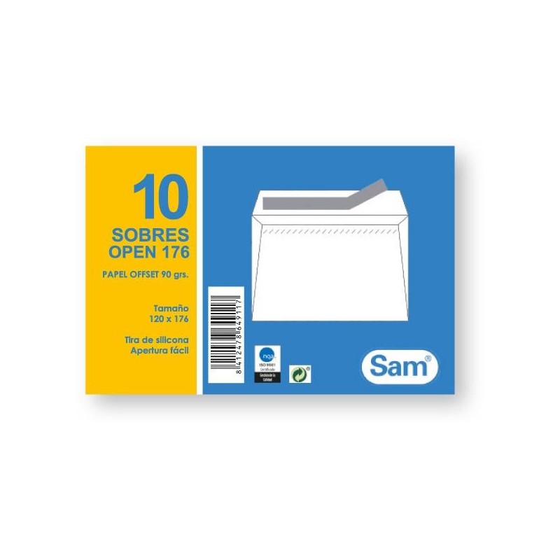 Sobres Sam - 120 x 176 mm - 90 g - Tira de silicona - Color blanco - Pack 10 sobres