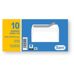 Sobres Sam - 110 x 220 mm - 90 g - Tira de silicona - Color blanco - Pack 10 sobres