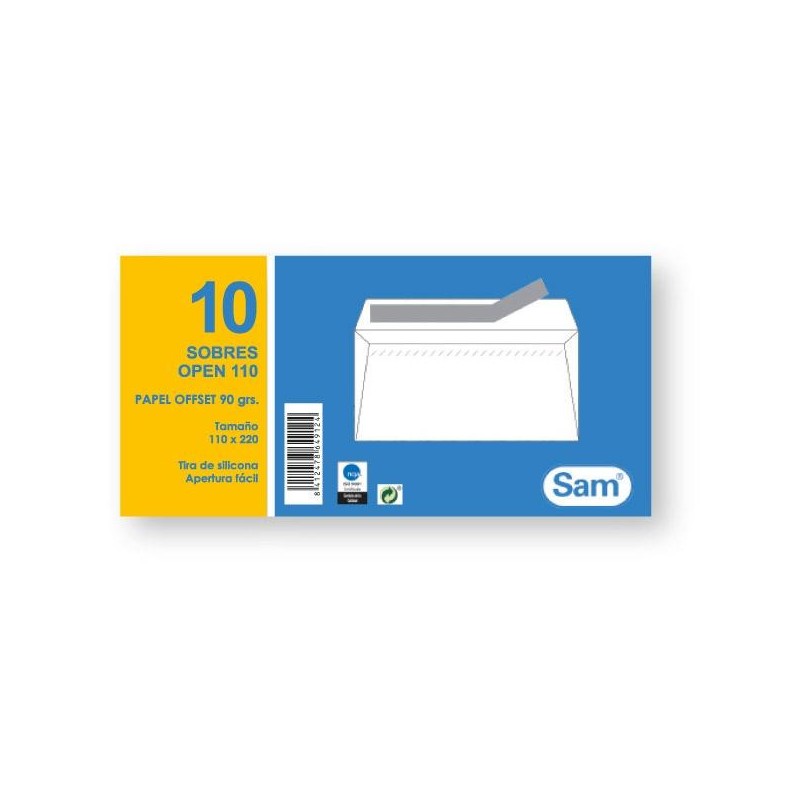 Sobres Sam - 110 x 220 mm - 90 g - Tira de silicona - Color blanco - Pack 10 sobres