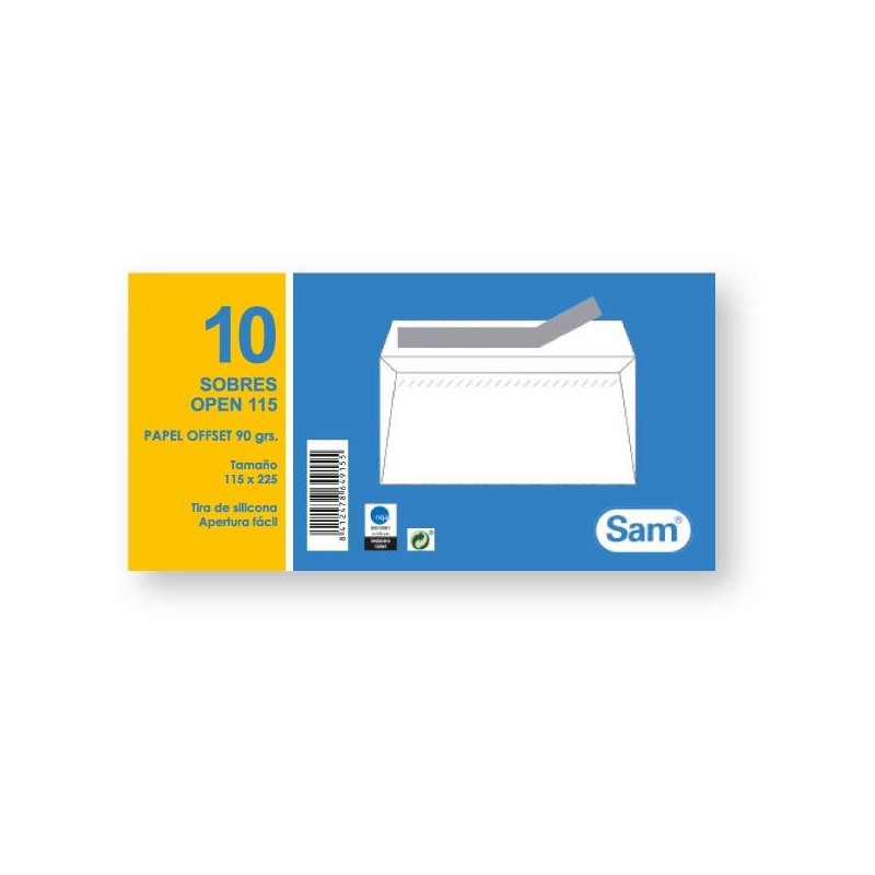 Sobres Sam - 115 x 225 mm - 90 g - Tira de silicona - Color blanco - Pack 10 sobres Sobres Sam - 115 x 225 mm - 90 g - Tira de silicona - Color blanco - Pack 10 sobres
