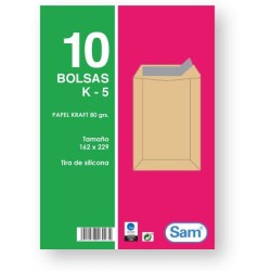 Bolsas Sam - Kraft - 162 x 229 mm - 80 g - Tira de silicona - Pack 10 bolsas