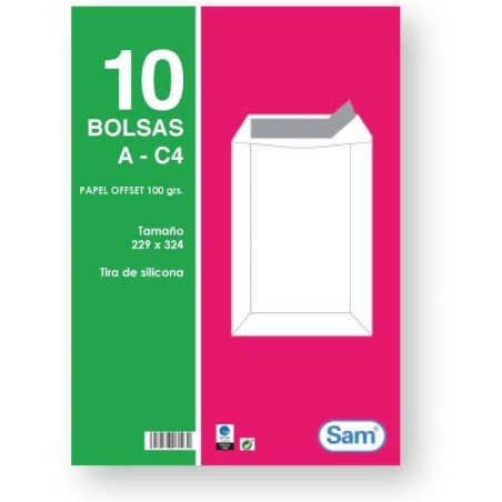 Bolsas Sam - Kraft blanco - 229 x 324 mm - 100 g - Tira de silicona - Pack 10 bolsas