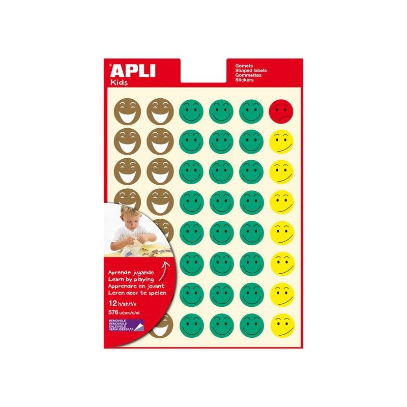 Gomets cara feliz Apli - Colores surtidos - 12 hojas - 576 ud Gomets cara feliz Apli - Colores surtidos - 12 hojas - 576 ud