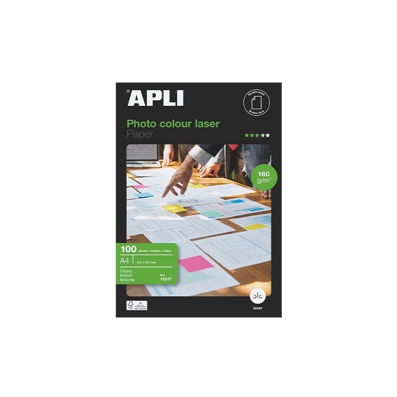 Papel fotográfico brillante Apli Colour Laser - A4 - 160 g - Láser - Pack 100 hojas
