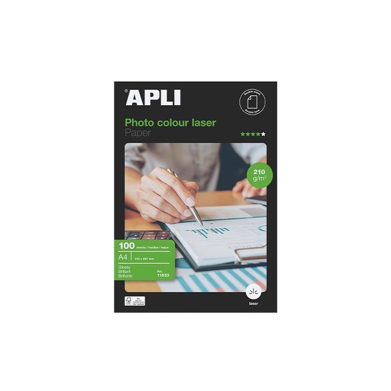 Papel fotográfico brillante Apli Colour Laser - A4 - 210 g - Láser - Pack 100 hojas